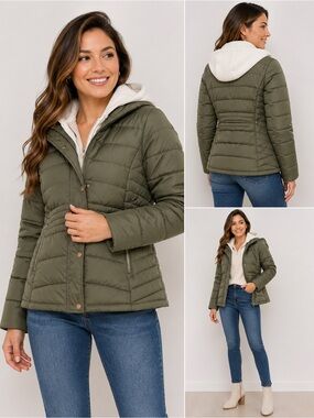 NWT Red Marine Ámsterdam Women’s Olive Green Puffer Jacket with Cream Hood XL